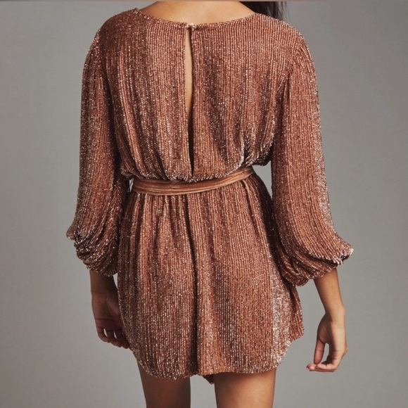 Retrofete Grace Sequin Long Sleeve Mini Dress with Velvet Tie Belt Bronze SizeXS - Picture 13 of 14